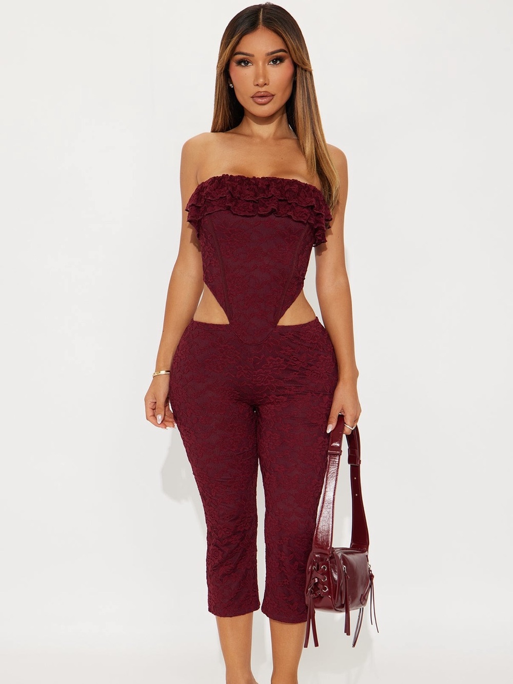 Fashion Nova Strapless Cutout Lace Jumpsuit in Burgundy